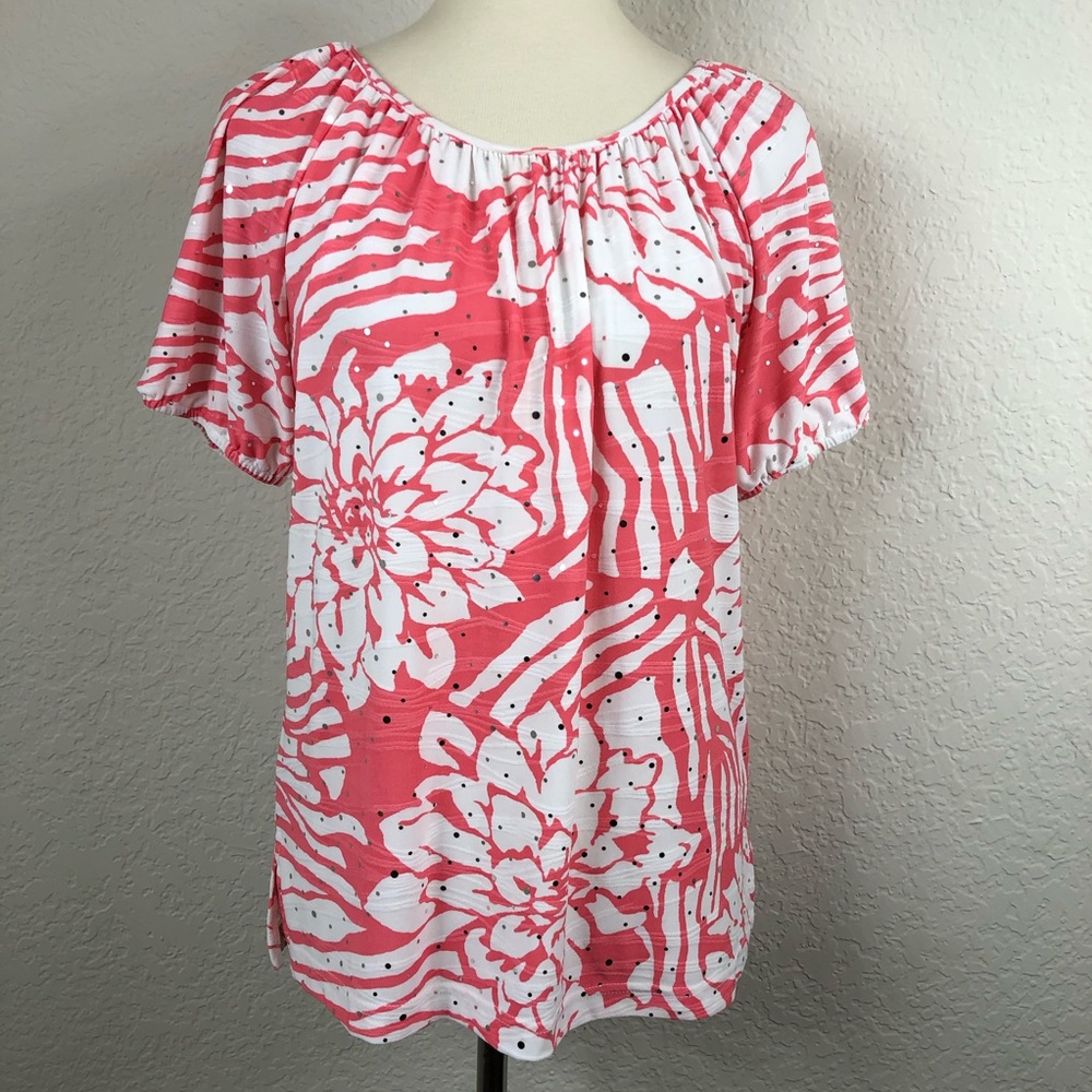 Cathy Daniels Pink and White Floral Blouse Sz S
